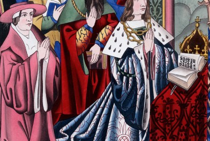 Henry VI did at least fulfil one function of kingship — that of ‘sacerdos’. Kneeling behind him is his uncle Henry Cardinal Beaufort, and standing (bearded) is another uncle, the ‘good Duke’ Humphrey