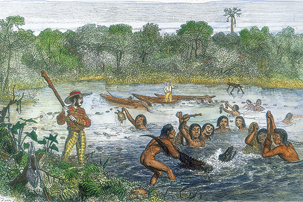 Henry Walter Bates supervises the capture of an alligator in the Amazon