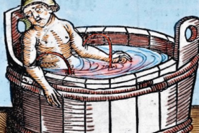For his supposed involvement in a conspiracy against Nero, Seneca is ordered to commit suicide — as depicted in The Nuremberg Chronicle , 1493