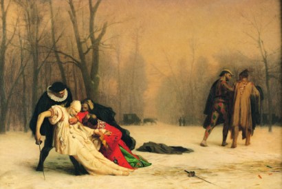 ‘The Duel after the Masquerade’ by Jean-Léon Gerome was exhibited to great acclaim in Paris in 1857, and a year later in London. The art historian Francis Haskell has suggested that the mysterious duelling figures from the commmedia dell’arte are characters in a story by Jules Champfleury