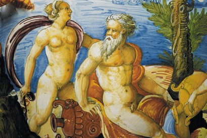 Detail of a maiolica vase, c.1565–1571, a star piece for both Horace Walpole at Strawberry Hill and later for Baron Ferdinand at Waddesdon Manor