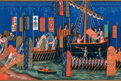 A French illuminated manuscript shows supplies being loaded onto boats before departing for the Crusades