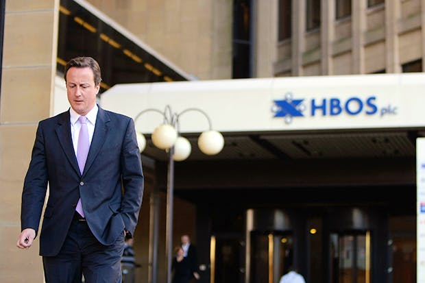 David Cameron leaves the headquarters of the Halifax Bank of Scotland (HBOS) in 2008 (Photo: Getty)
