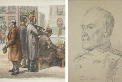 ‘Street musicians’; and (right) portrait of Neville Lyttelton by Randolph Schwabe