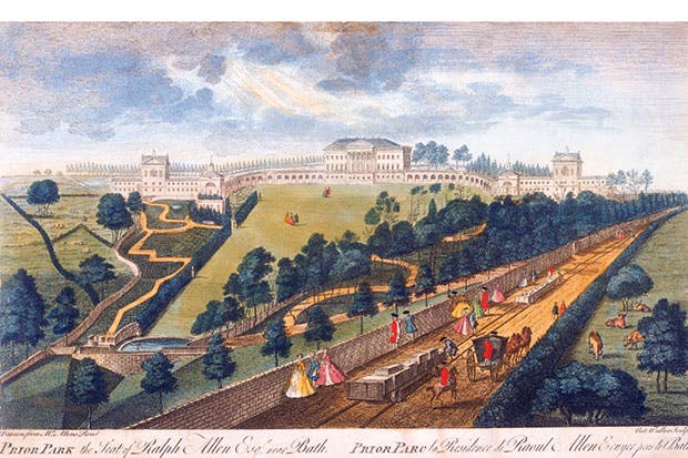 The Capability Brown-landscaped garden at Prior Park, near Bath, and the first know image of a railway line, from a drawing by Anthony Walker, 1750
