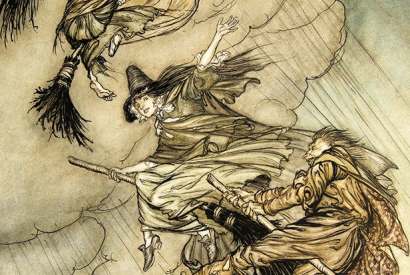 Rackham frontispiece: ‘Hey! Up the chimney, Lass! Hey after you!’, from ‘The Ingoldsby Legends, or Mirth & Marvels’