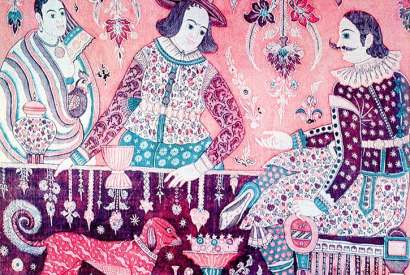 An English merchant bargains with an Indian in a 16th-century cotton tapestry