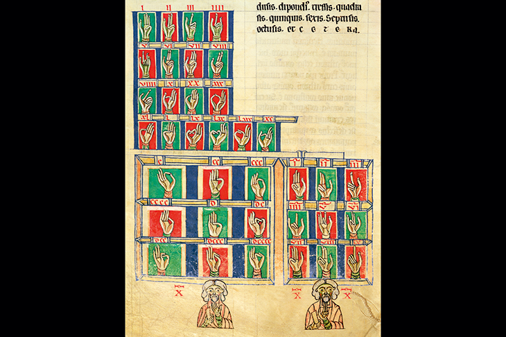 Finger counting from 1 to 20,000. From De Numeris by Rabanus Maurus. (Carolingian school, 9th century)