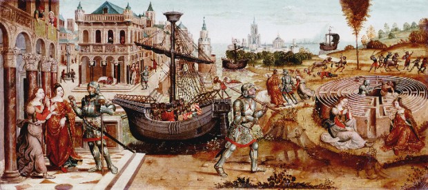 Theseus kills the Minotaur at the centre of the labyrinth. On the left, Ariadne gives him a ball of thread so that he can find his way out.