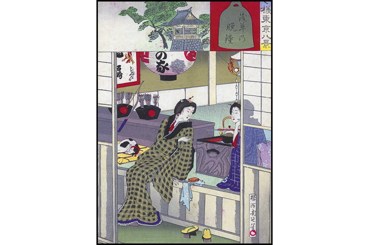 Two geishas relax after entertaining a client. Inset is the curfew bell at Asakusa, the major entertainment centre of old Tokyo. Woodblock print by Toyohara Chikanobu