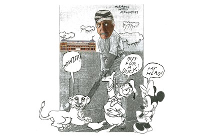 Tim Rice at the cricket stump surrounded by Disney characters, by Michael Heath